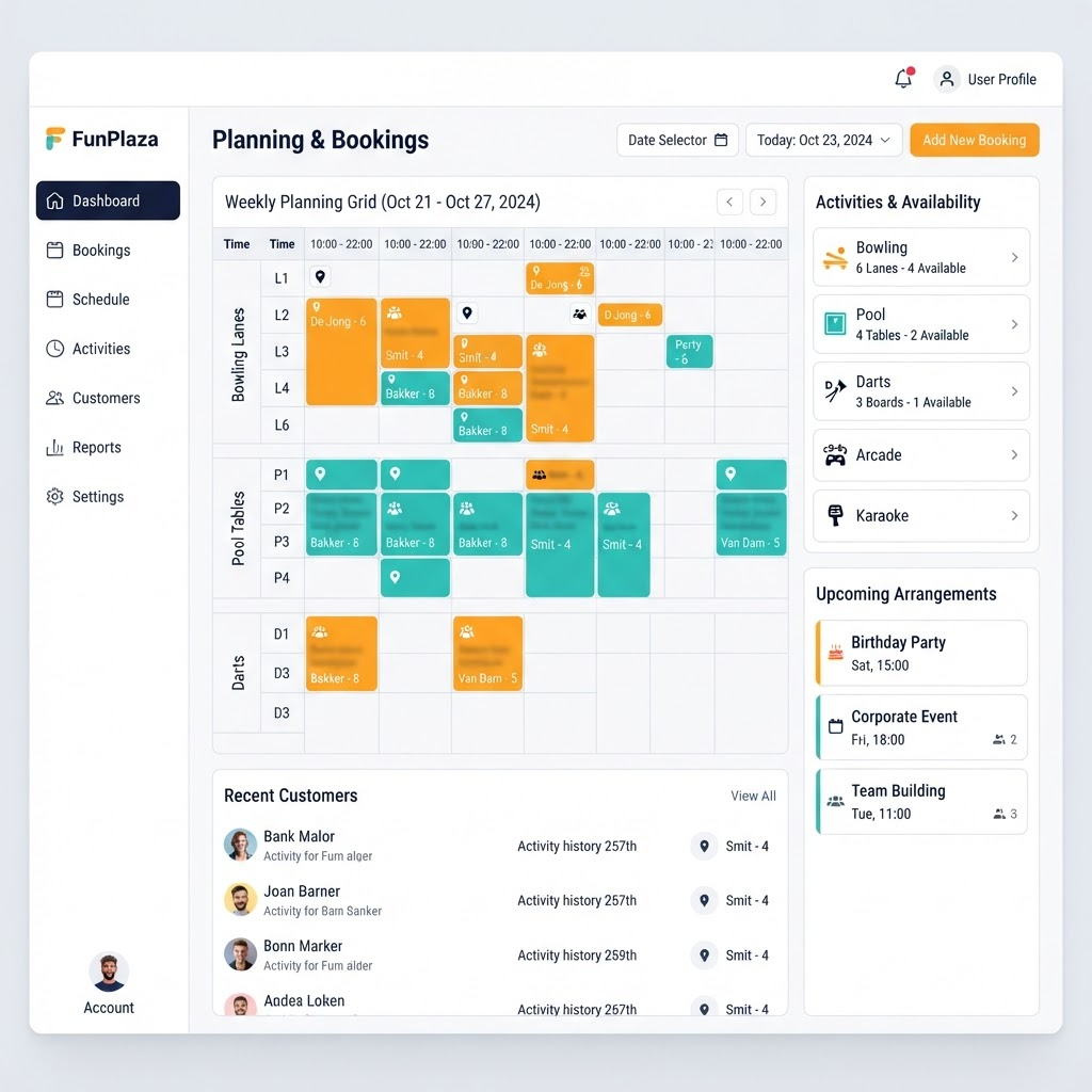 Screenshot van de NexWare leisure software met planning, activiteiten en reserveringen